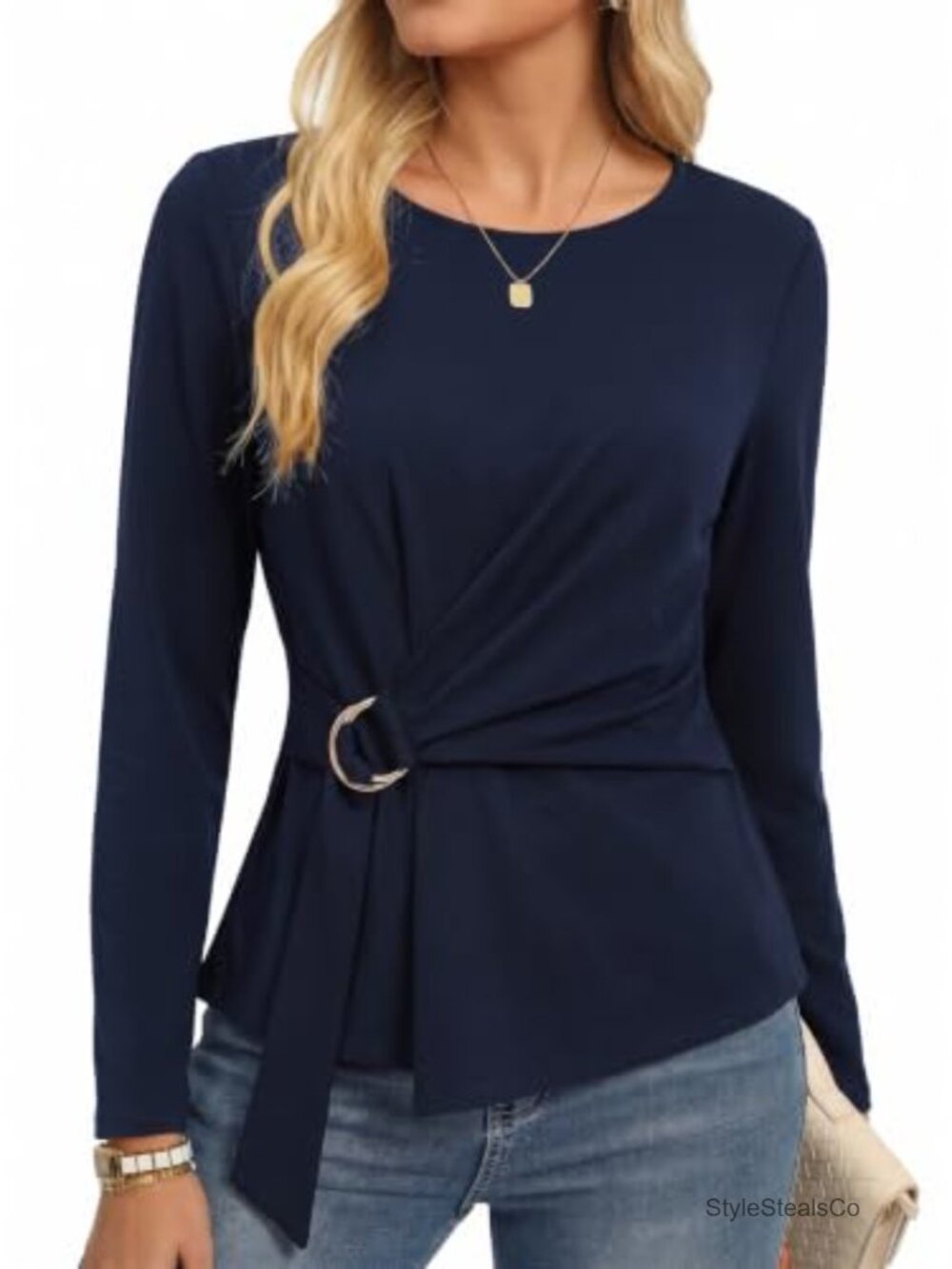 Women Long Sleeve Peplum Top Dressy Casual Waist Tie Blouse Tunic